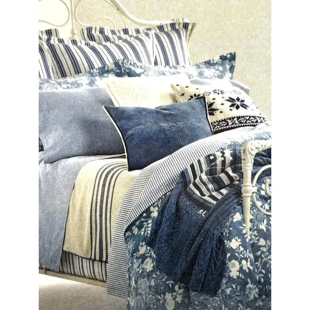 Ralph Lauren Indigo Cottage King Size Duvet Cover Blue Cream COTTON Floral NIP